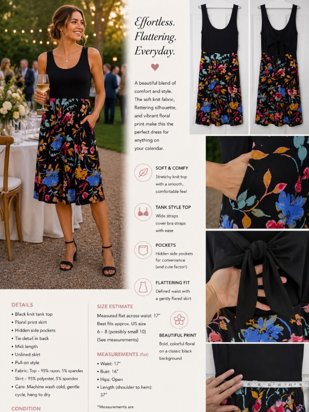 Black Floral Knit Midi Dress | Tie Back | Pockets | Size M (6–8)
